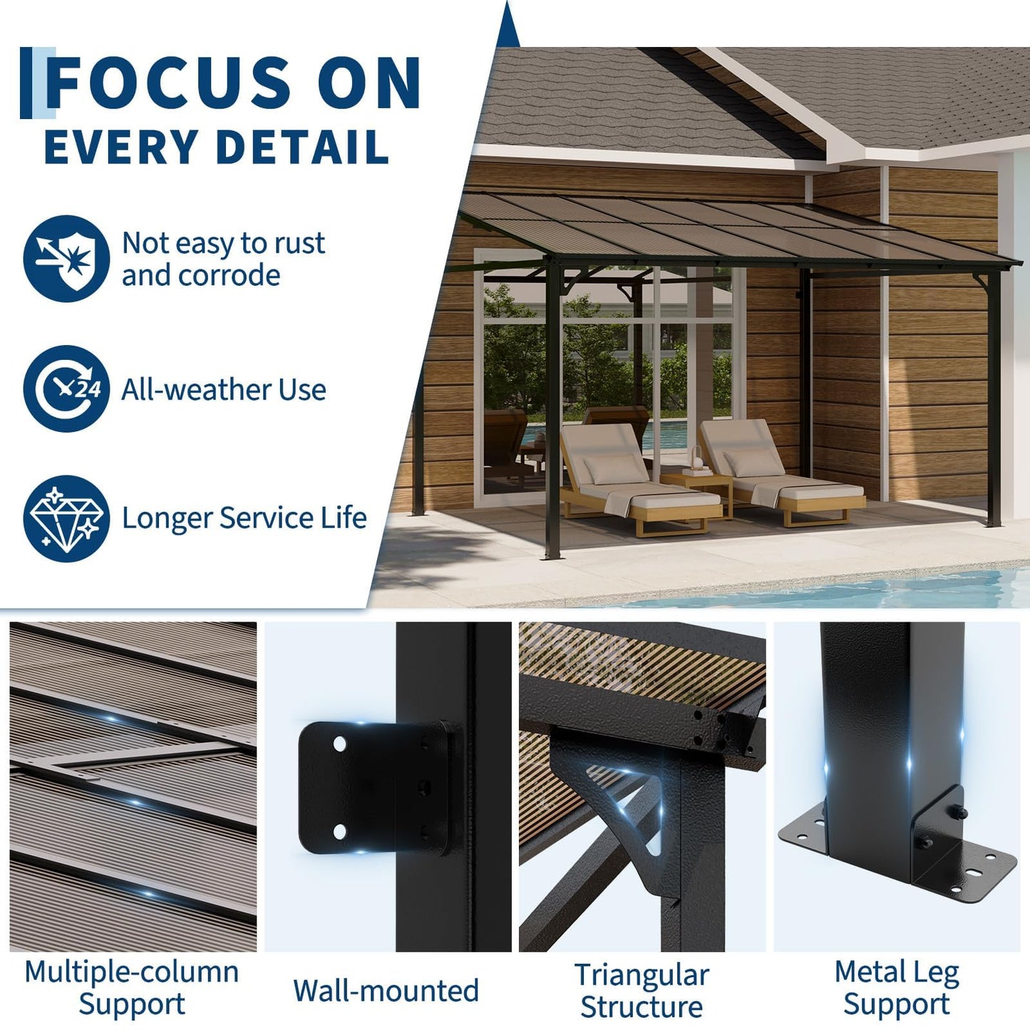 10x12 ft Wall-Mounted Lean-to Gazebo, Outdoor Patio Cover Awning with Heavy-Duty Aluminum Frame & UV-Resistant Polycarbonate Roof, All-Weather Hardtop Canopy for Deck, Yard & Parties