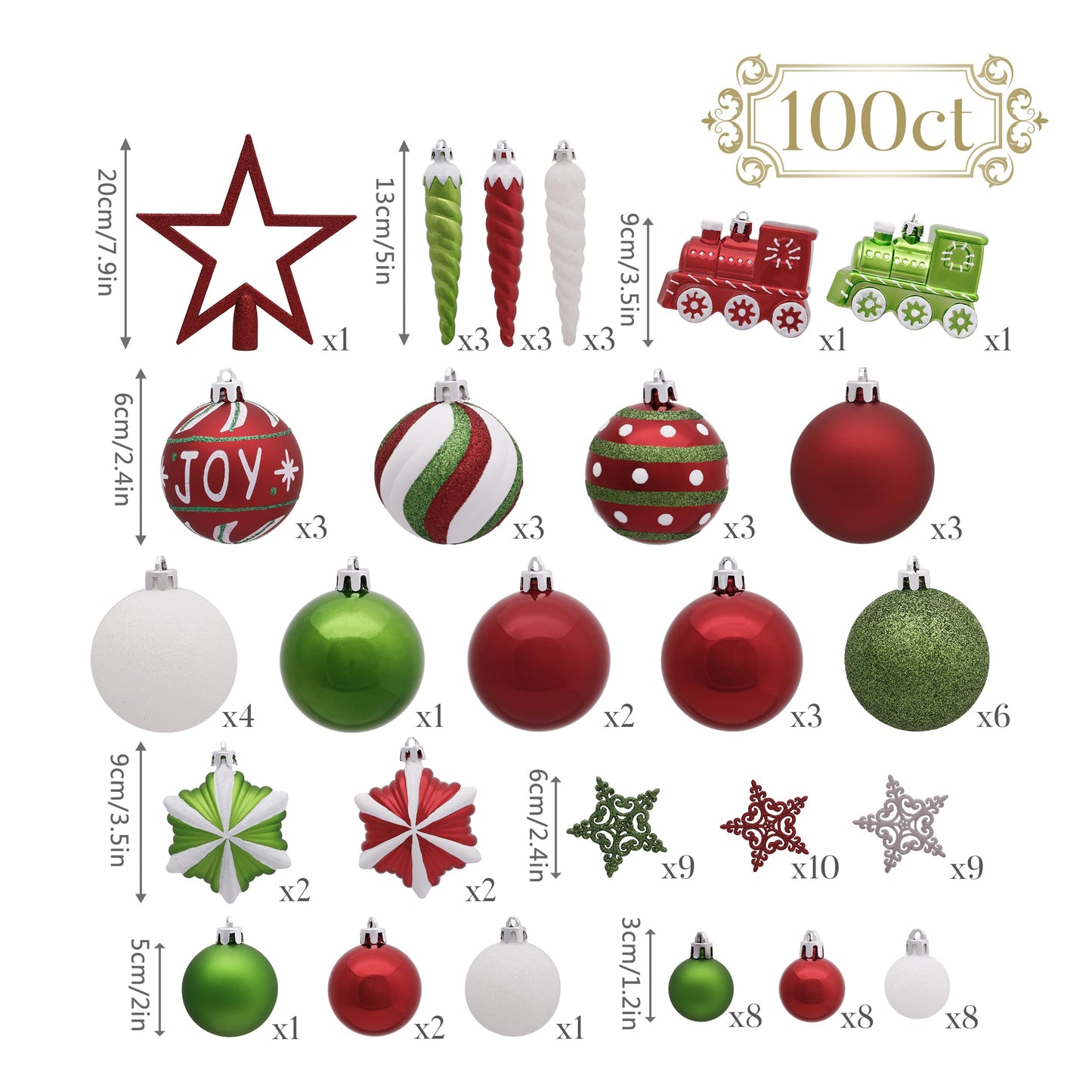 Valery Madelyn Christmas Ornaments Set, 100ct Red Green White Shatterproof Christmas Tree Decorations Variety Ball Ornaments Bulk, Whimsical Hanging Ornaments for Xmas Trees Holiday Party Decor