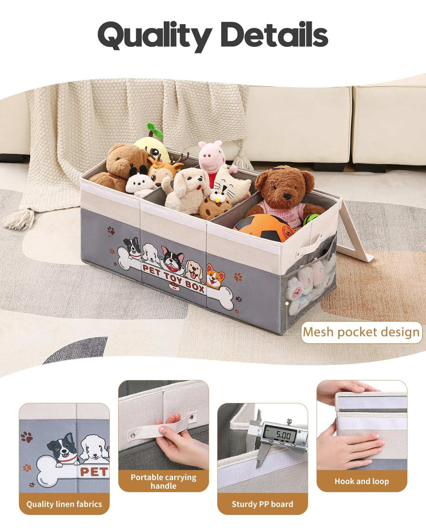 Garlloupath Dustproof Dog Toy Box With Transparent Lid, 3 Grids Dog Toy Bin, Extra Large Storage Holder Container, Foldable Chest