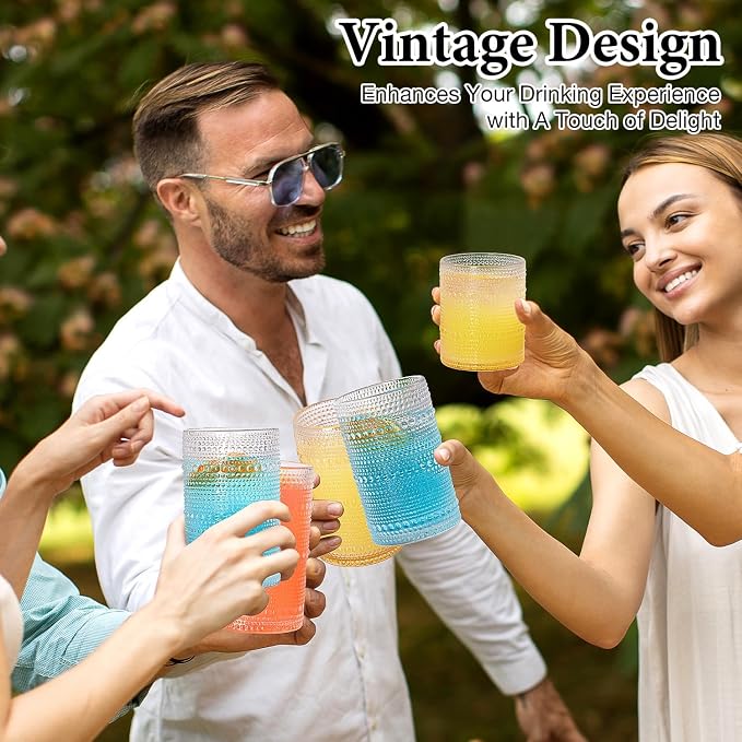 LUNA & MANTHA Drinking Water Glasses Set, Lead-Free Crystal Highball Glass, Tall Glass Cups for Cocktail Parties,Hobnail set of 8,15oz&12oz