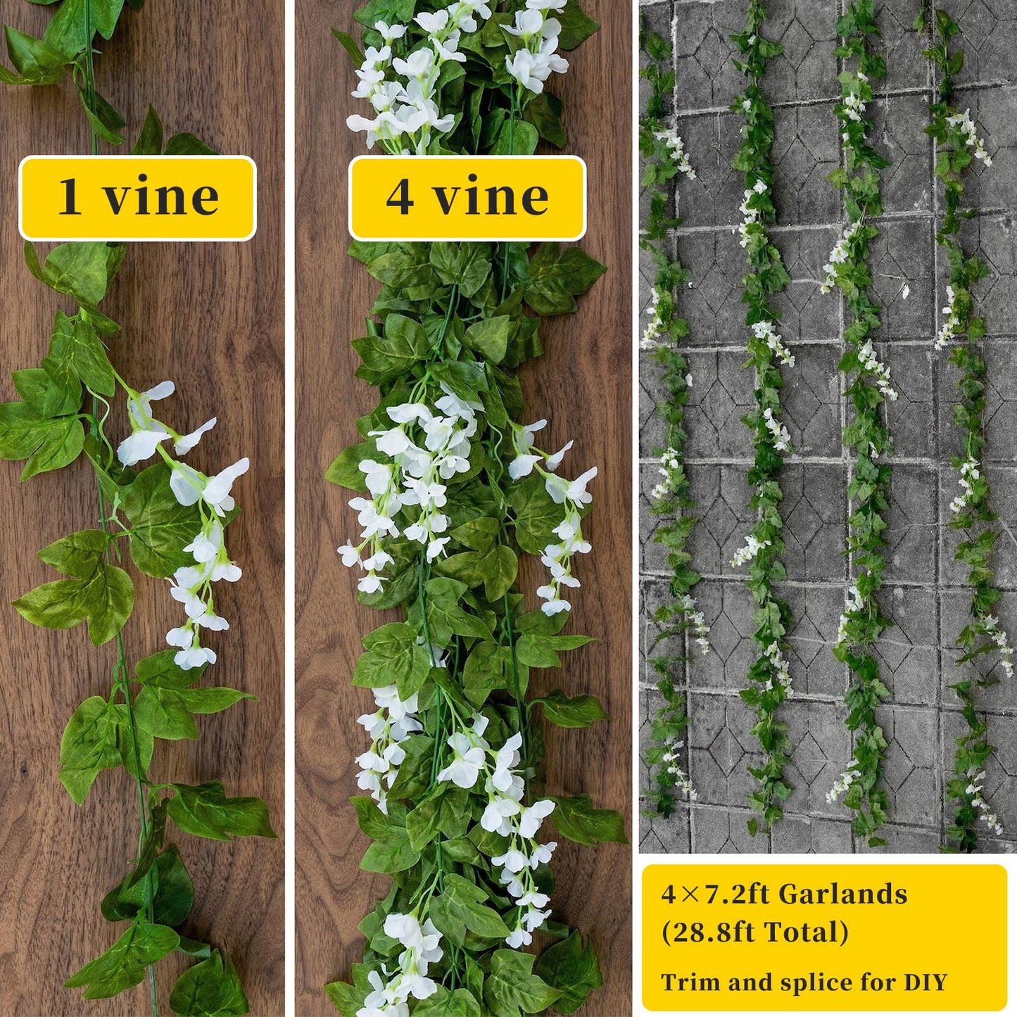 Mavee 28.8ft Artificial Wisteria Vine Garland (4x7.2ft), Silk Hanging Flowers Decor for Wedding Arch, Home Floral Arrangements - White