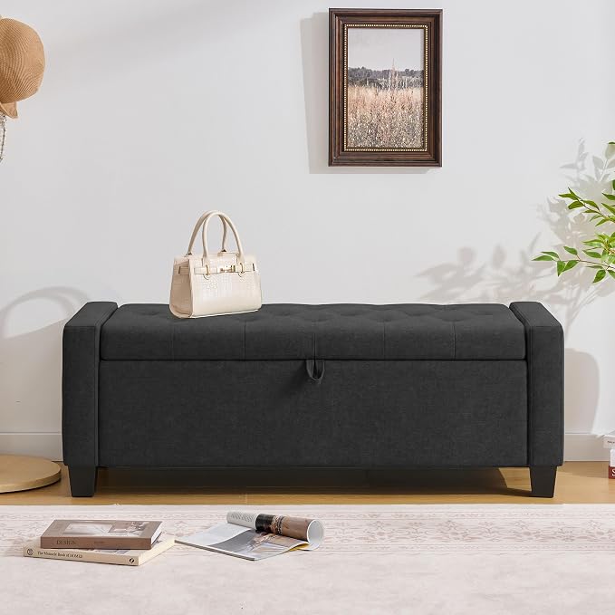 Huatean Home 43" Ottoman with Storage, Storage Ottoman Bench with Safety Hinge, Upholstered Entryway Bench with Seating for Bedroom, Living Room, Holds up to 330 lb, Dark Gray