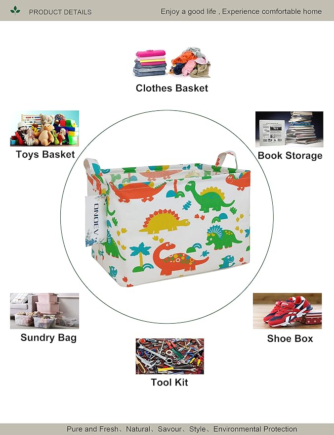 Rectangular Folding Laundry Basket, waterproof Canvas Basket,gift basket,Suitable for children's room,Office,Clothes,Toys Storage（Dinosaur Paradise）