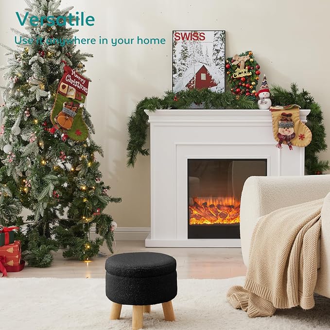 Small Foot Stool Ottoman with Storage, Sherpa Ottoman Foot Rest for Couch, Round Footstool with Storage, Small Ottomans and Footstools for Living Room and Entryway (Black)