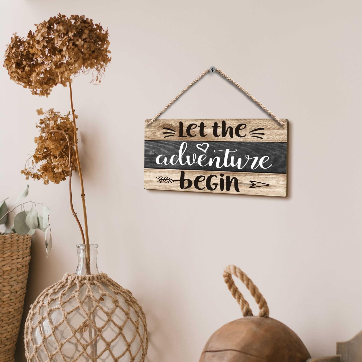 FUGWN Let the Adventure Begin Hanging Wooden Signs 12x6, Rustic Cabin Camper Home RV Wall Decor, Camping Lovers Home Decor Gifts for Camper Women Men