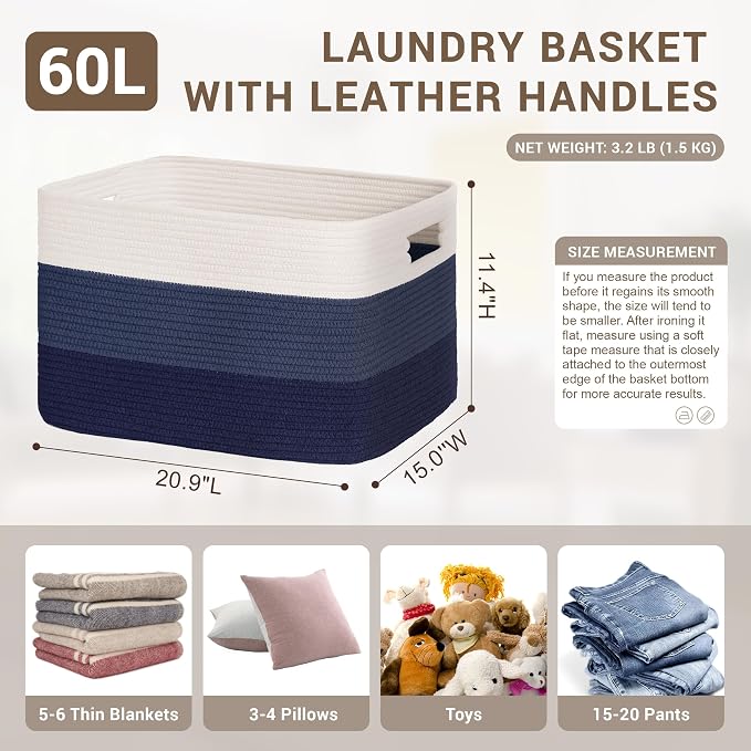 60L Laundry Basket with Leather Handles for Living Room Storage, Woven Rope Baskets Bin for Blanket, Kids Toy, Gifts, Wicker Hamper for Bedroom Dirty Clothes,Gradient Blue