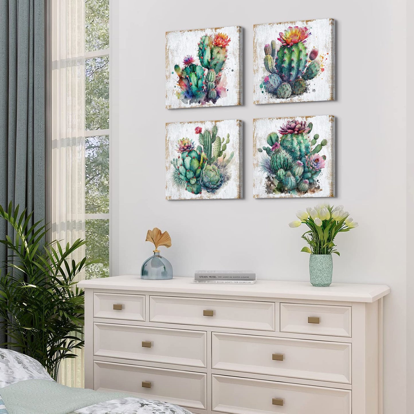 Cactus Decor for Bathroom Succulent Cactus Wall Art Western Wall Decor Southwestern Botanical Plants Canvas Prints Mexican Boho Tropical Flowers Artwork Living room Office Home Decorations 12x12" 4Pcs