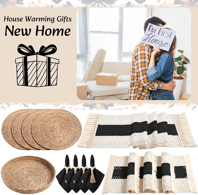 4 Sets Boho Decoration Placemats Round Woven Placemats, Cloth Napkins, Wood Bead Napkin Rings, Long Table Runner and Farmhouse Burlap Cotton for Table Kitchen (Black,12x72)