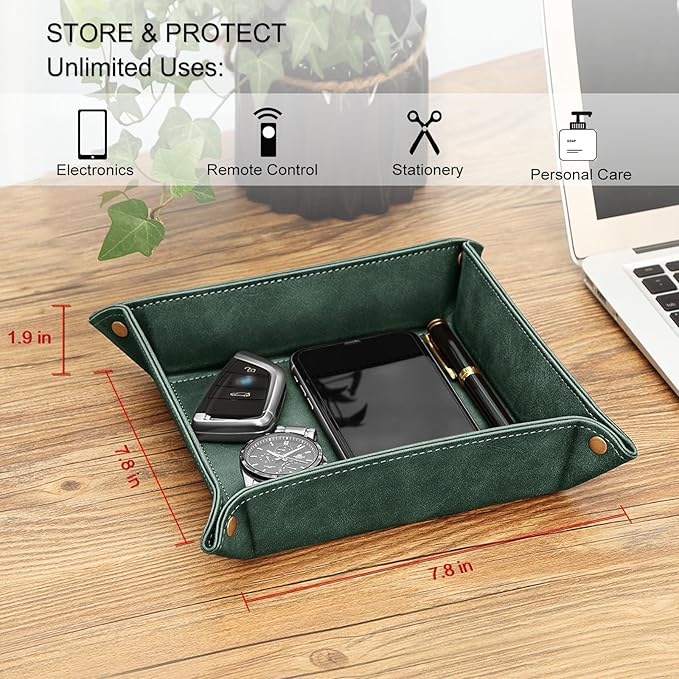 SITHON Valet Tray Desktop Storage Organizer – Premium PU Leather Catchall Bedside Vanity Tray Nightstand Caddy Holder for Keys, Phone, Wallet, Coin, Valentine's Day Gift, Dark Green