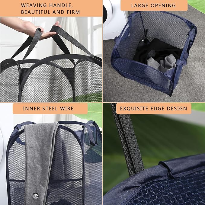 2 Laundry Baskets, pop-up Laundry Baskets, Foldable mesh Laundry Baskets (Each with 2 Reinforced Handles, Blue