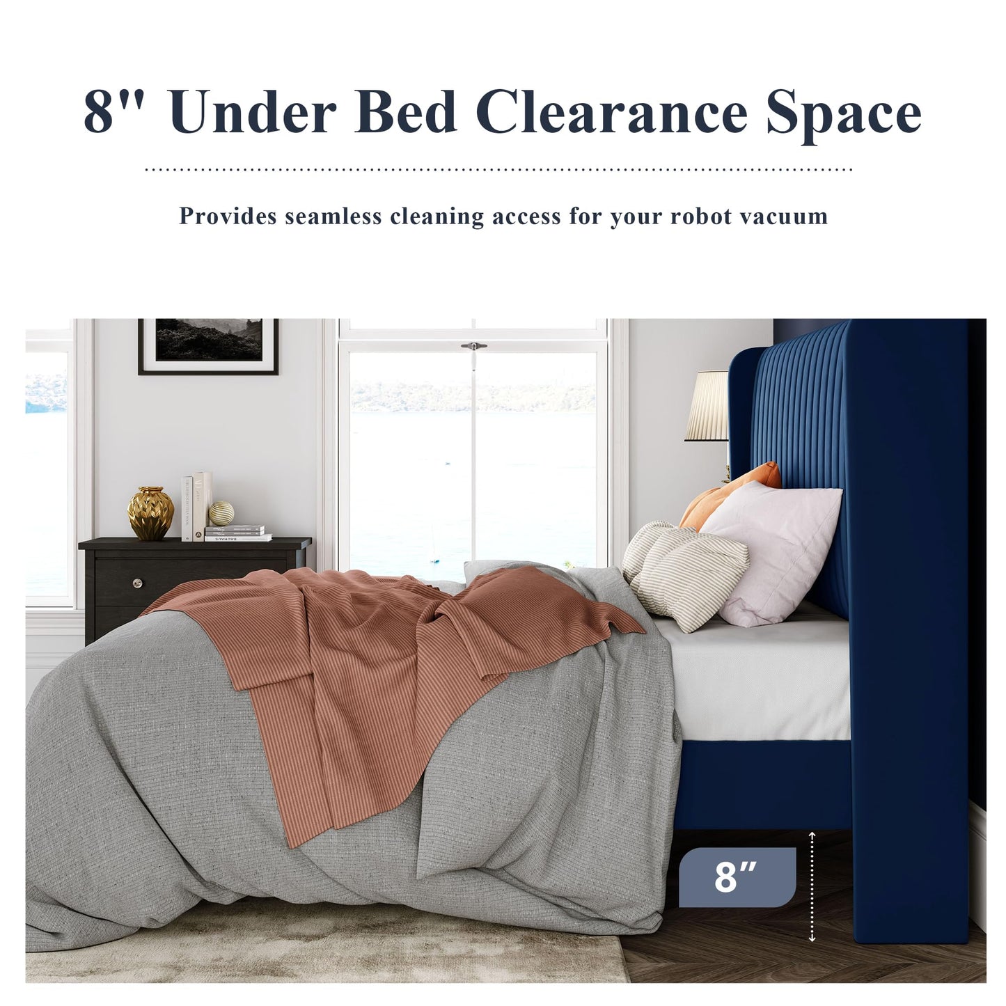 Allewie King Size Velvet Bed Frame/Vertical Channel Tufted Wingback Headboard/Upholstered Platform Bed/Strong Wooden Slats/No Box Spring Needed/Easy Assembly/Blue