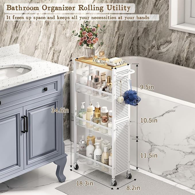 Utility Slim Storage Cart 4 Tier Small Rolling Kitchen Laundry Room Organization Cart with Wood Top Metal Narrow Laundry Room Shelves Cabinet Unit Laundry Organizer Trolley with Handle for Small space
