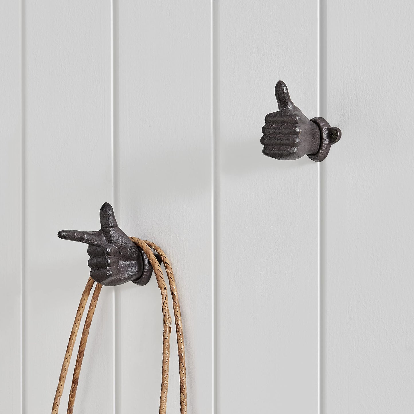Danya B. "Thumbs up & Pointing Finger" Dark Brown Cast Iron Wall Mount Hook Set (Set of 2), Entryway Hooks or Unique Room Decor for Hanging Coats, Purses, Scarves, or Keys