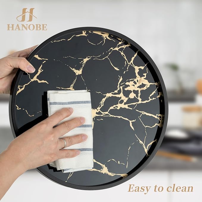 Hanobe Decorative Tray for Home Decor: Black Imitation Marble Round Serving Tray 11.8" Modern Coffee Table Centerpiece for Display Bar Table Living Room Entryway Kitchen Corner
