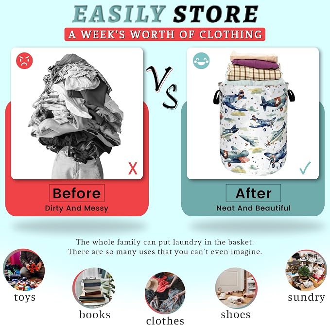 Watercolor Plane Laundry Basket Foldable Cartoon Laundry Hamper Oxford Cloth Plane Printed Colorful Tote Bag Clothes Toy Storage Bucket For Bathroom/Laundry Storage/Bedroom 18.9x16.5 Inch