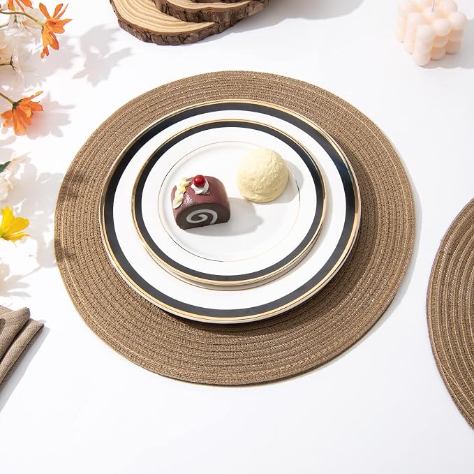 SHACOS Round Braided Placemats Set of 8 Washable 15 inch Round Table Mats Woven Place Mats for Dining Table (Brown, 8)