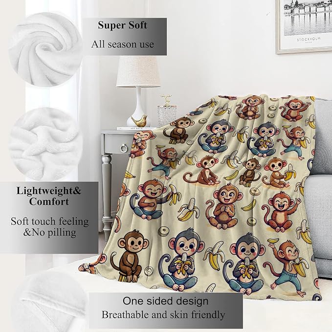 Monkey and Banana Blanket,Fun Cartoon Jungle Theme Throw Blankets,Birthday Gifts for Kids & Animal Lovers,Lightweight Soft Fleece,for Picnic Sofa Couch Bed Room Travel,Modern Decor,40x50in