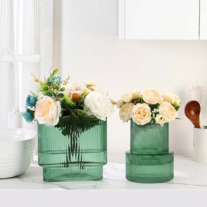Green Glass Vases, Set of 2 Ribbed Vases for Flowers, Green Vase for Tulips, Modern Glass Vase for Living Room, Dining Table, Office, Entryway, Mantle, Bookshelf, Wedding Gifts