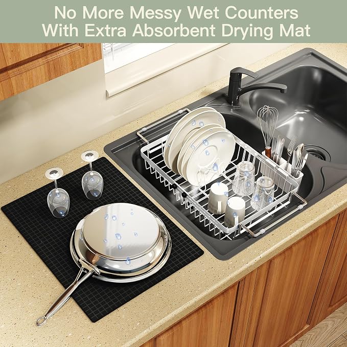 MAJALiS White Dish Drying Rack Over The Sink with Utensil Holder, Mat | Expandable Stainless Steel Dish Drainer for Small Kitchen, Apartment, RV, Counter Space Saving, Perfect Fit, Rustproof