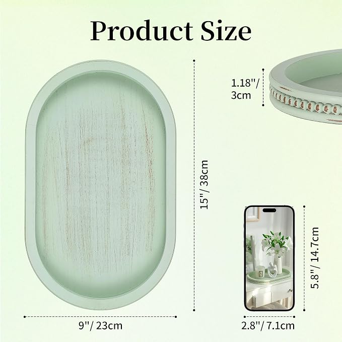 Hanobe Decorative Trays for Coffee Table: Sage Green Oval Bathroom Trays - Wood Modern Farmhouse Decor for Home Kitchen Counter Entryway Table