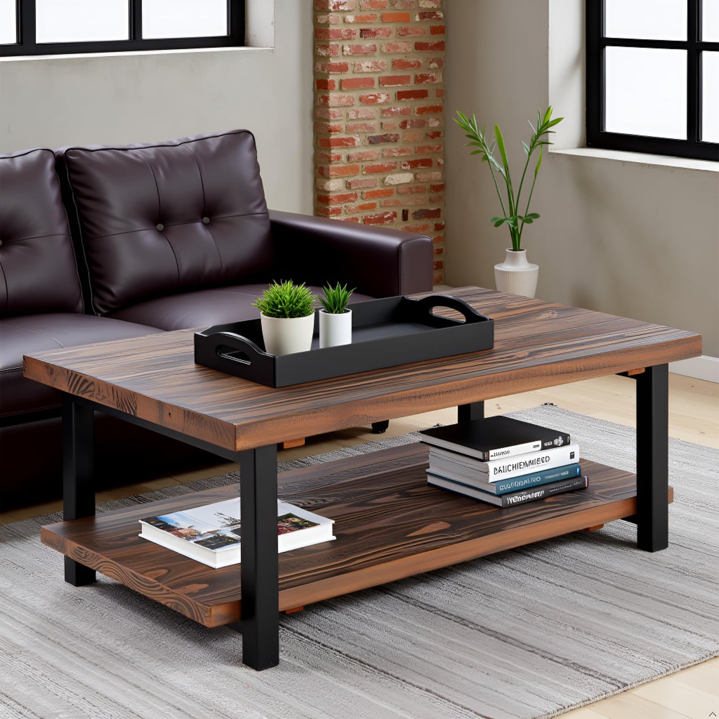 Alaterre Furniture Pomona Living Room 48 Inch Rectangular Solid Wood Coffee Table with Storage Shelf & Metal Legs – Rustic Industrial Farmhouse Large Living Room Table (Rustic Brown)