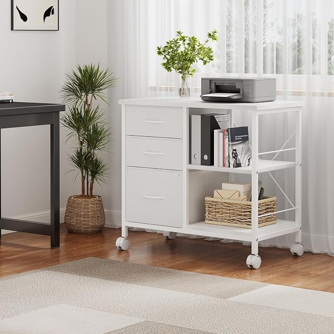 OLIXIS 3-Tier Printer Stand with Fabric Storage Drawer, Rolling Printer Cart with Lockable Wheels and Metal Frame, Under Desk Table with Open Storage Shelf for Small Spaces, Home, Office, White