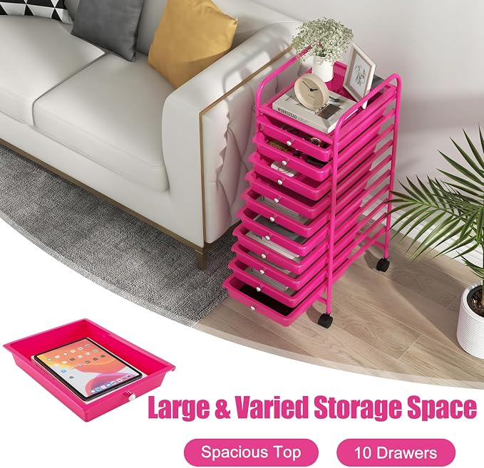 MEDIMALL 10 Drawers Rolling Storage Cart, Multipurpose Craft Storage Cart with Wheels, Mobile Tools Scrapbook Paper Organizer Cart for Office School Home Use