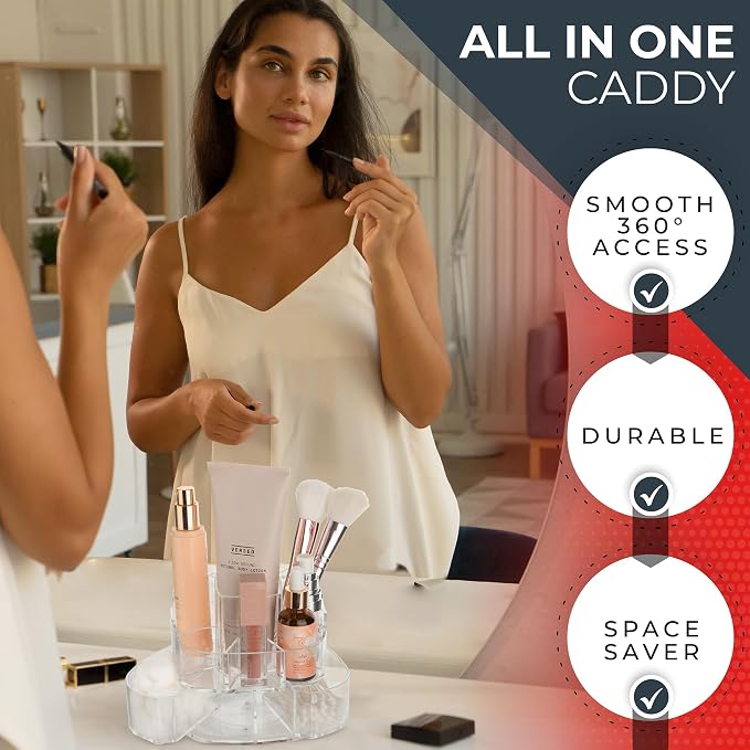 Masirs 360-Degree Rotating Makeup Organizer – Small Acrylic Cosmetic Storage Caddy with 5 Compartments, Mini Lazy Susan Vanity Organizer for Bathroom Counter, Skincare, Perfume, Brushes, Clear