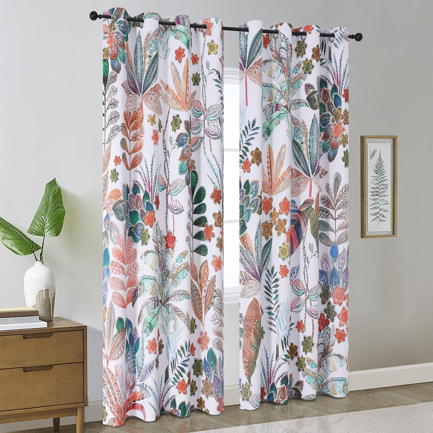 Estelar Textiler Maple Leaves Room Darkening Boho Curtains 84 inch Length 2 Panels Set for Living Room, Watercolor Leaf Pattern Design Grommet Window Floral Drapes for Bedroom, 52Wx84L