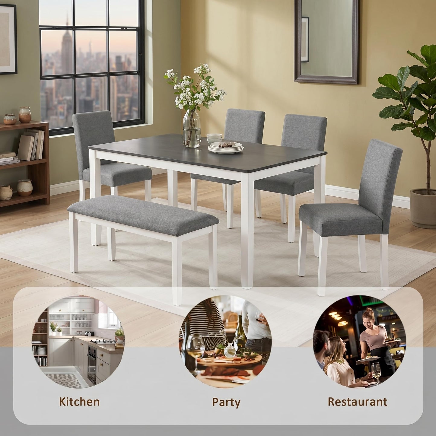 Casaphoria 6-Piece Dining Table Set with Bench and 4 Upholstered Chairs, Modern Wood Kitchen Table Set for 6, Grey & White Two-Tone Furniture for Dining Room, Small Spaces, Family Breakfast & Parties