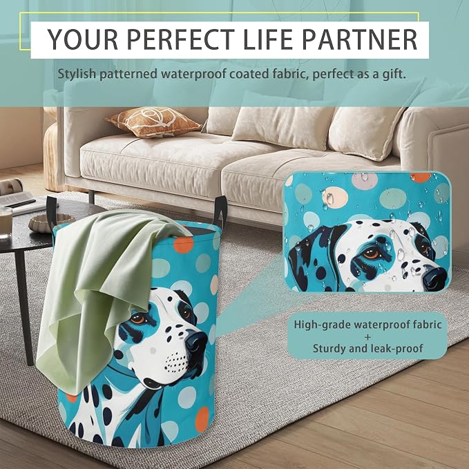 Dalmatian Dog Laundry Basket With Handles Tote Bag Oxford Cloth Funny Laundry Hamper Clothes Storage Bucket Toy Organizer 16" X 20.8"For Bathroom/Laundry/Bedroom