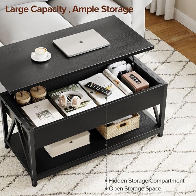 Memobarco Lift Top Coffee Table,Lift Coffee Tables with Storage Shelf and Large Hidden Compartment for Living Room,Lifting top Coffee Table for Small Space,Black