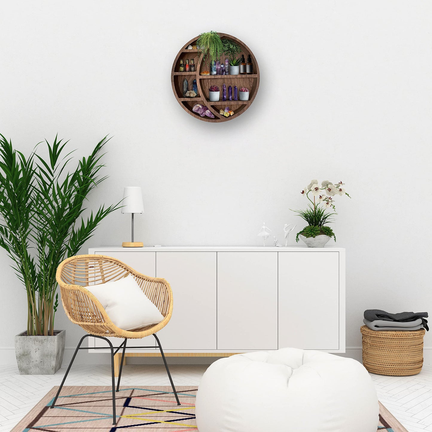 Nimpro Wooden Crescent Moon Shelf Wall Decor - Decorative Boho Home Hanging Display Shelf for Bedroom, Dorm, Nursery - Easy Mount Storage for Crystals and Essential Oils - 14 x 14 x 3.5 (Brown)