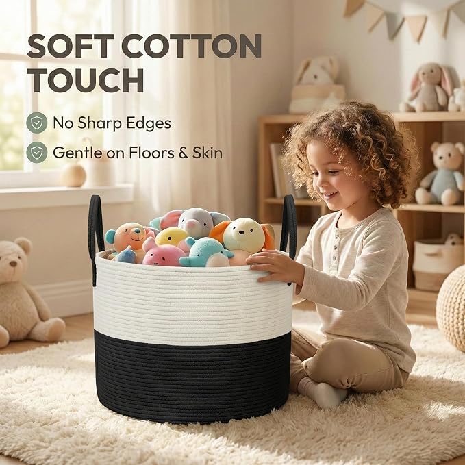 JMvicyroam 115L Extra Large Blanket Basket for Living Room - Woven Cotton Rope Laundry Hamper with Reinforced Handles - Storage Bin for Pillows, Comforters & Toys - Machine Washable,White&Black