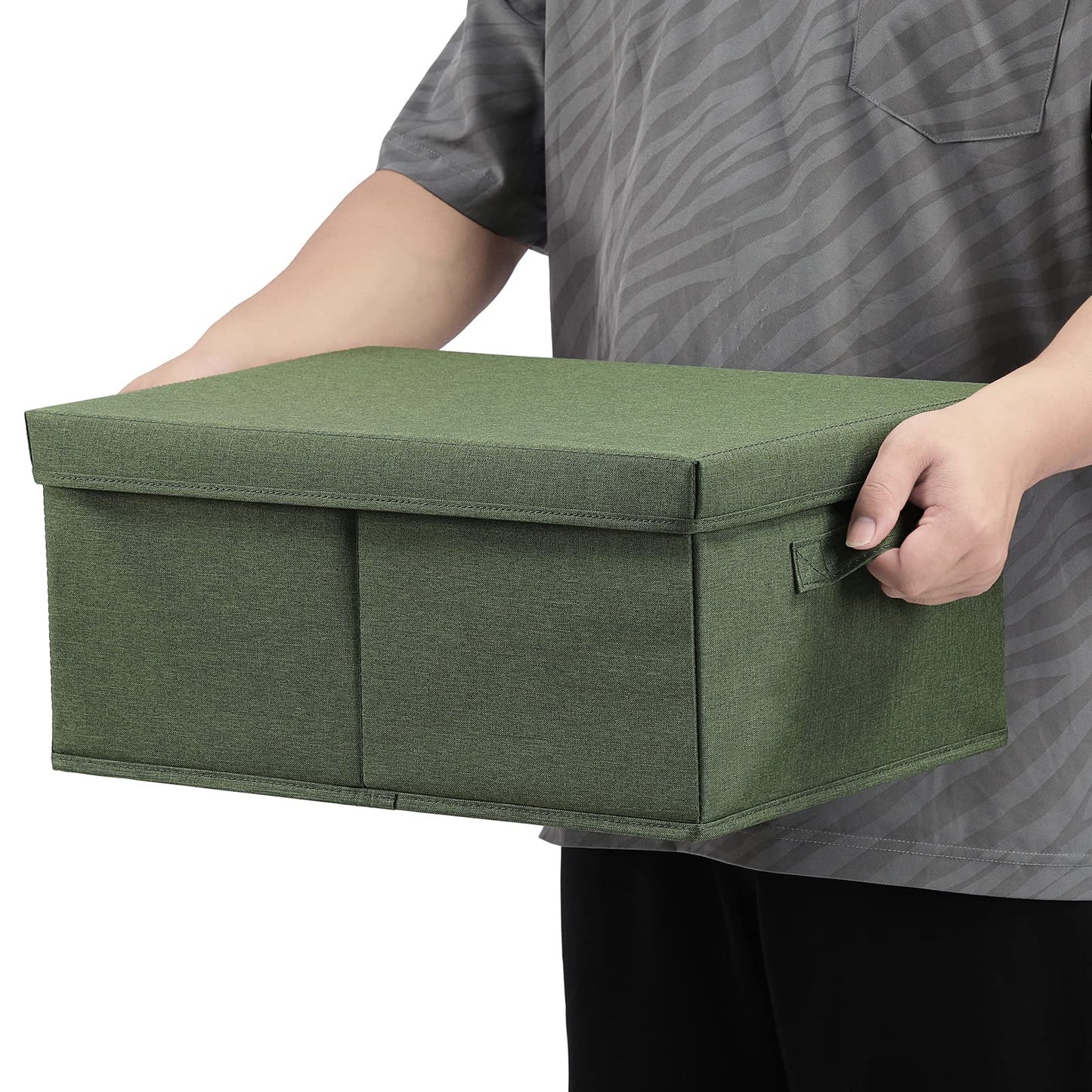 HOONEX Storage Bins with Lids for Organizing, Pack of 2, Storage Boxes with 2 Carrying Handles and Sturdy Heavy Cardboard, 16.5" L x 11.8" W x 7.5" H for Shoes, Books, Clothes, Olive