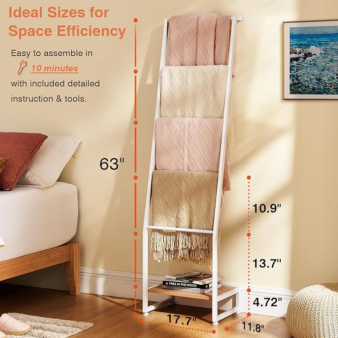 DGWJSU Blanket Ladder, 5 Tier Ladder Shelf,Wooden Blanket Ladders for Living Room and Bedroom, 5.2ft Blanket Holder Rack Farmhouse Ladder Rack for Storage and Home Decor (White)