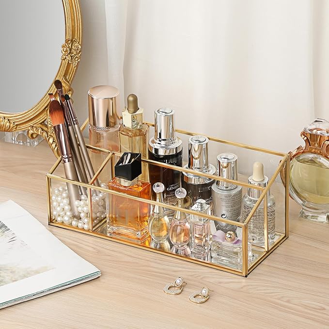 Hipiwe Makeup Organizer Countertop Cosmetic Display Case Gold Glass Vanity Storage Holder 3 Slots Dresser Bathroom Counter Organizer for Makeup Brush Lipsticks Perfume Skincare Products