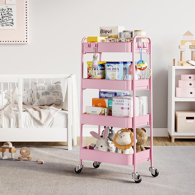 TOOLF 4-Tier Rolling Cart - Metal Storage Organizer with Lockable Wheels, 44 lbs Per Shelf Capacity, Tool-Free Assembly, for Kitchen Bathroom Office Laundry Room Nursery, Pink