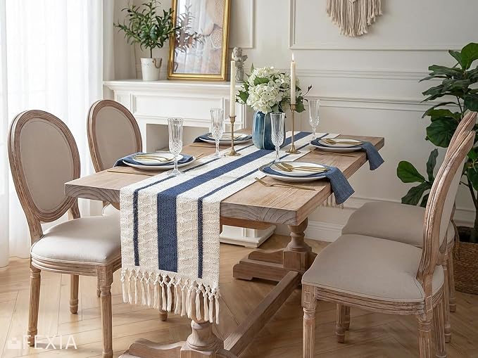 FEXIA Boho Table Runner with Tassels for Summer Home Decor Farmhouse Rustic Burlap Table Decoration for Living Room Dining Room Graduation Decor (12x72 Inches)