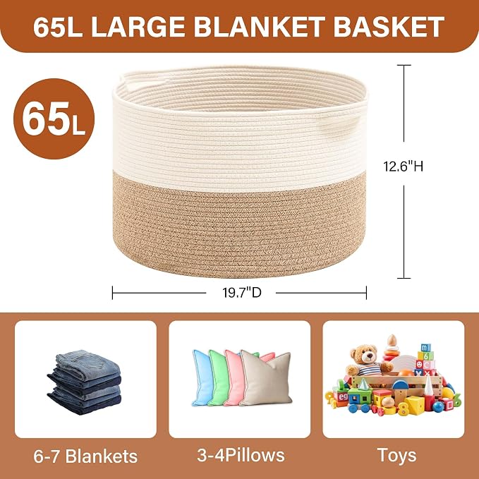 Foldable Laundry Hamper Basket with Collapsible Handle Cotton Rope Soft Woven Fabric Storage Organizer Clothes Toys Nursery Bedroom Dorm Space Saving Bin (White & Brown, 65L(19.7"D x 12.6"H))