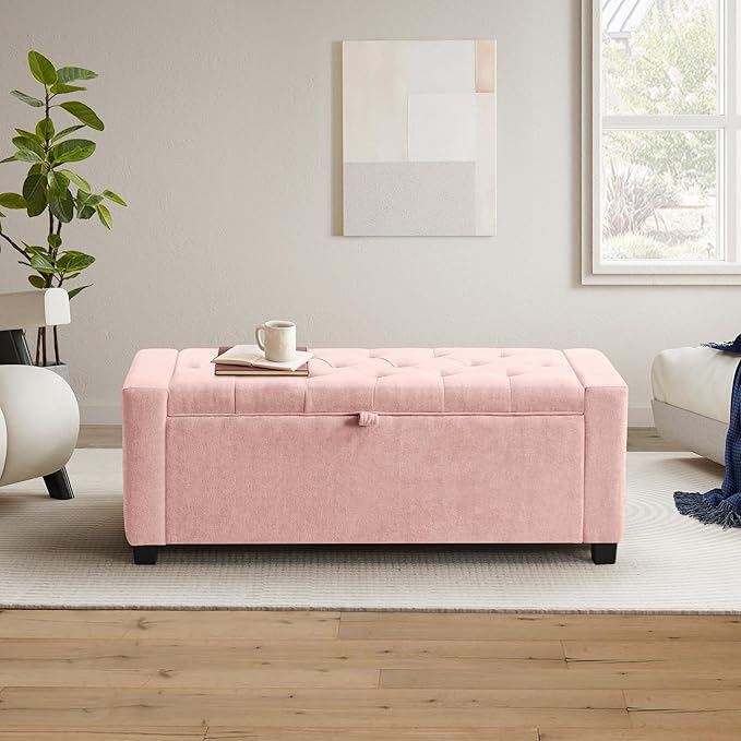 GRAINELL Storage Ottoman Bench, Upholstered Tufted Bedroom Bench with Storage, End of Bed Storage Bench for Living Room & Entryway, 350 lb Capacity, Linen Pink