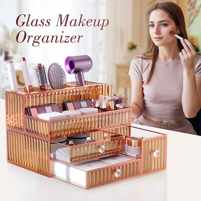 Youdepot Makeup Organizer Golden- Tempered Glass Vanity Organizer for Cosmetics, Skincare, Hair Tools, Brushes, Perfume - Multipurpose Bathroom Counter Skincare Organizer