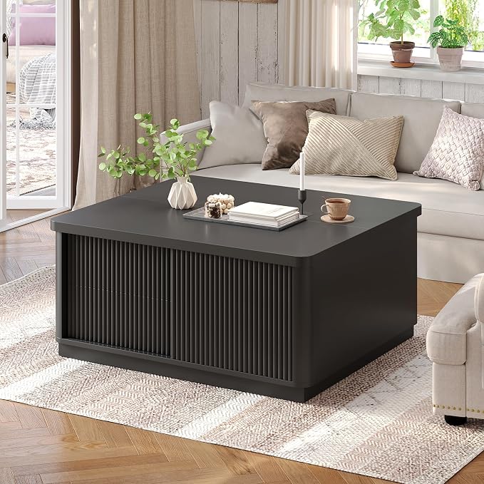 Itaar 39.4'' Lift Top Coffee Table with Storage, Fluted Coffee Tables for Living Room, Square Coffee Table with Large Hidden Compartment & 2 Drawrs & Adjustables Shelves, Black