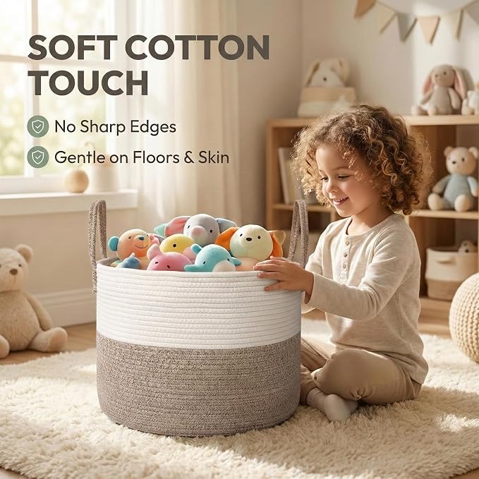 JMvicyroam 115L Extra Large Blanket Basket for Living Room - Woven Cotton Rope Laundry Hamper with Reinforced Handles - Storage Bin for Pillows, Comforters & Toys - Machine Washable,White&Brown