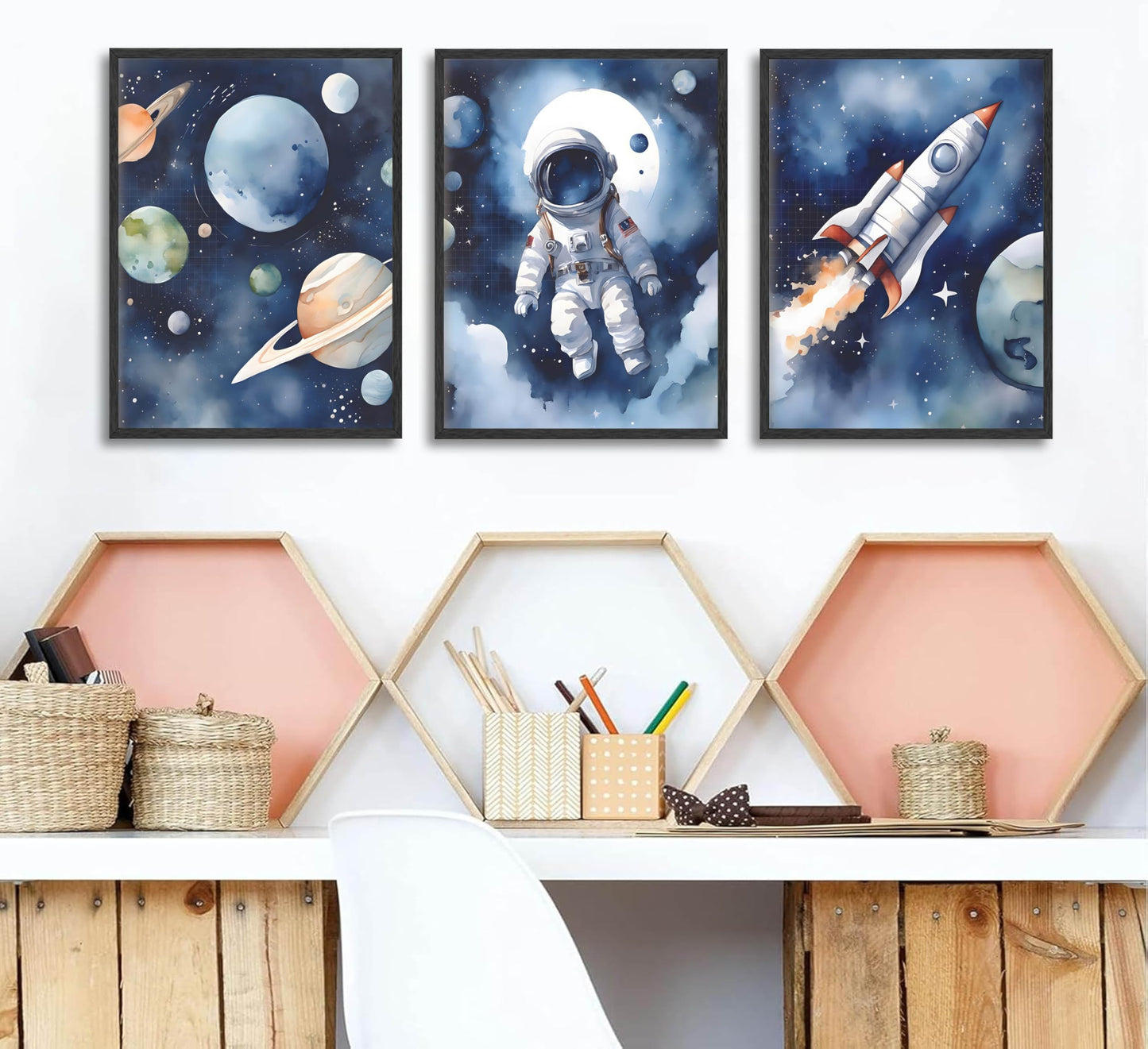 3Pcs Nursery Astronaut Wall Art Kids Space Planets Theme Canvas Painting Rocket Spaceman Wall Decor Explore Dream Galaxy Poster Prints Funny Outer Space Picture for Boys child Bedroom Living Unframed