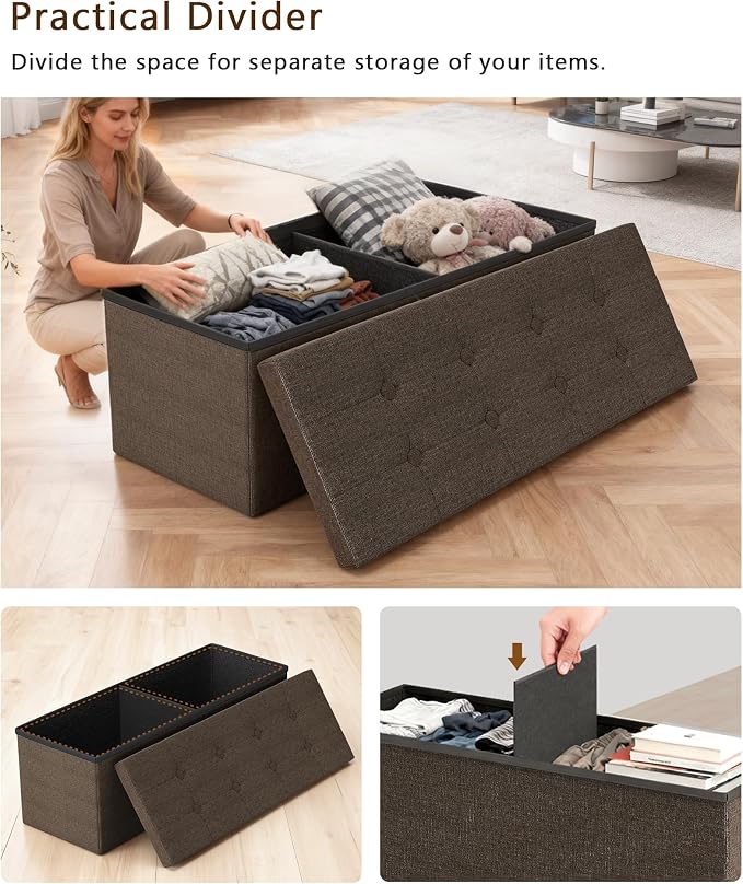 GLAXYFUR 43 Inches Folding Storage Ottoman Bench, Storage Chest, Footrest for Entryway, Living Room, Holds up to 660 lb, Brown