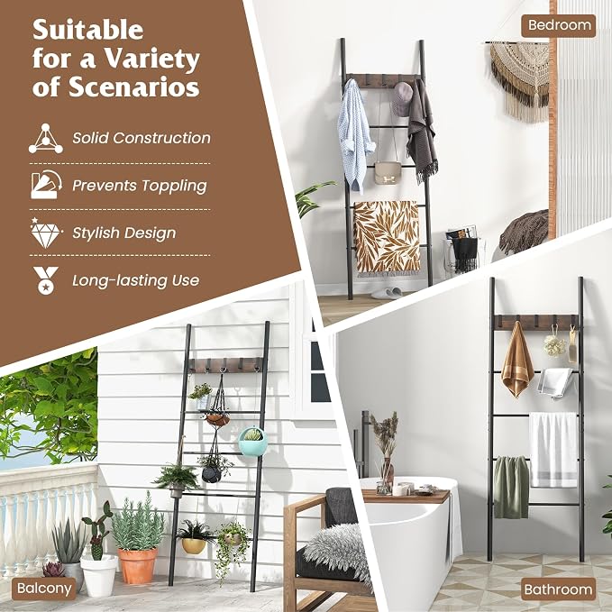 GOFLAME Blanket Ladder, 5-Tier Wall-Leaning Towel Holder Shelf with 5 Removable Hooks, Industrial Quilt Stand with Anti-Slip Foot Pads, Towel Ladder Display Rack for Bathroom, Living Room, Bedroom