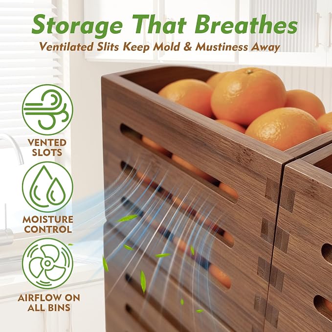 Potato and Onion Storage Bin for Pantry and Kitchen, Ventilated Stackable Bamboo Storage Bins with Handles - Multipurpose Organizers, Produce Containers for Bread, Vegetable, Fruit (Walnut, 3 Pack)