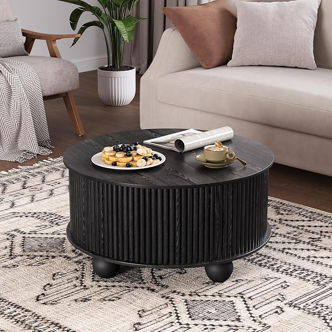 JOINICE Black Round Coffee Table with Storage, 31.5" Fluted Drum Center Table with Sliding Door, Modern Farmhouse Wood Circle Table with Bun Feet for Living Room