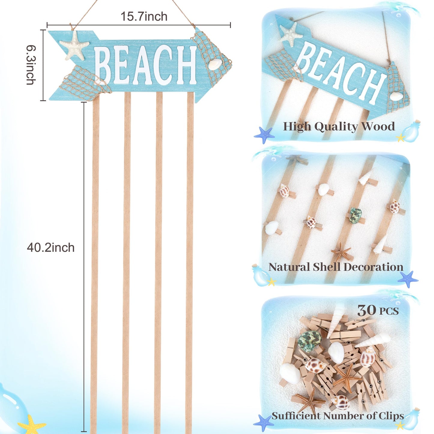 WeDoSoy Coastal Style Hanging Photo Display Holder with 30 Clips (10 Shell Clips), Wooden Frames Wall Picture Organizer for Beach Decor, Collage Display, Postcards, Holiday Cards & Home Decoration